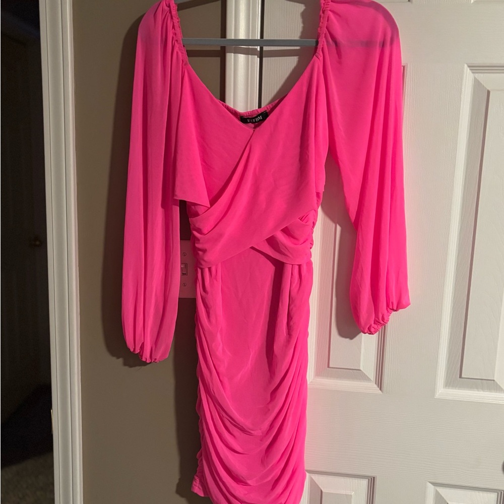 Pink Ruched Off the Shoulder Bodycon Dress